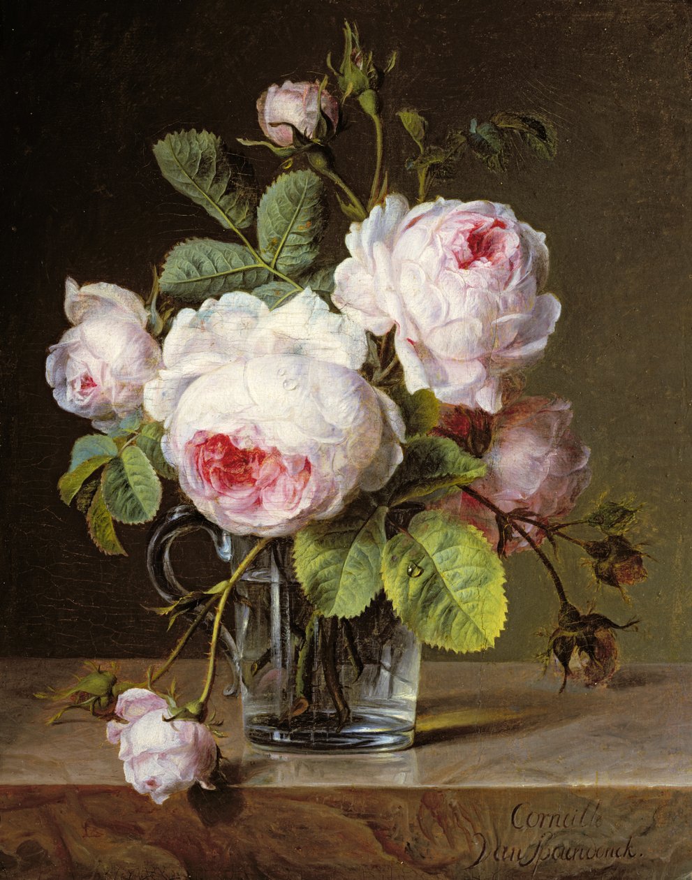 Roses dans un vase en verre sur un rebord - Cornelis van Spaendonck