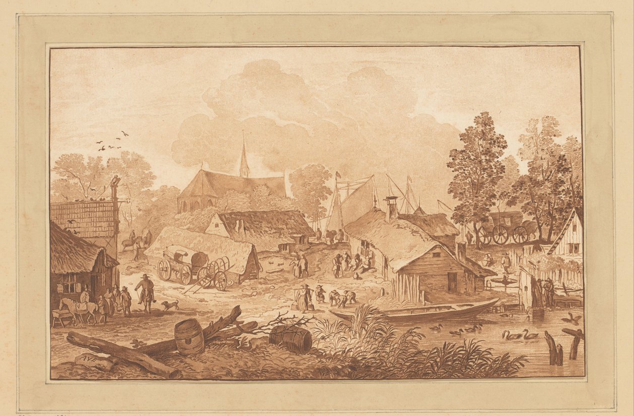 Vue de village avec étang - Cornelis Brouwer