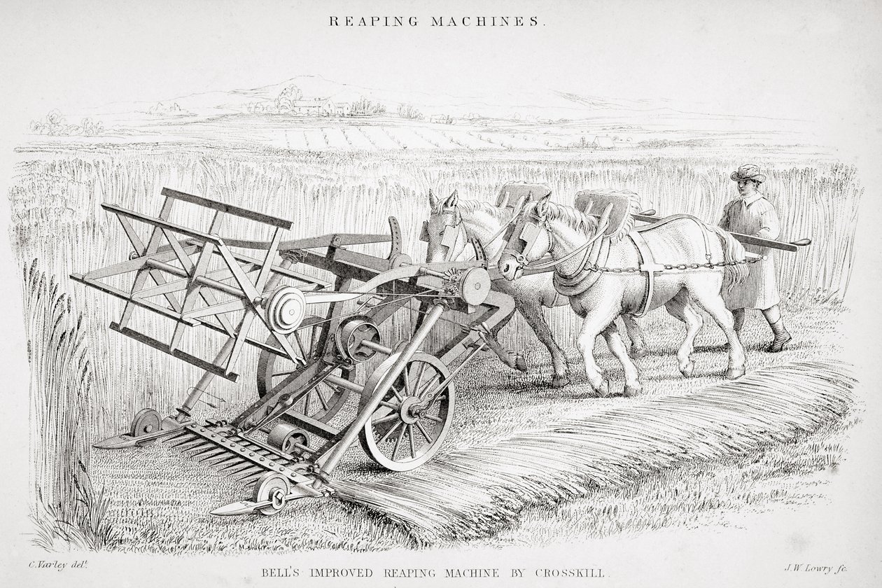 La machine à moissonner améliorée de Bell, gravée par J.M. Lowry - Cornelius Varley