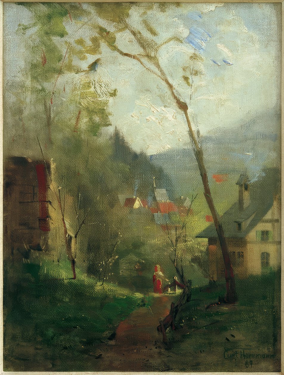 Femme en robe rouge devant un paysage - Curt Herrmann