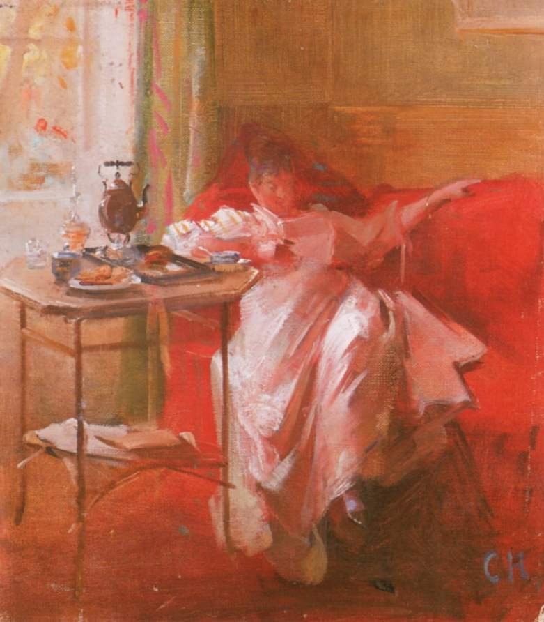 Dame lisant sur un canapé rouge - Curt Herrmann