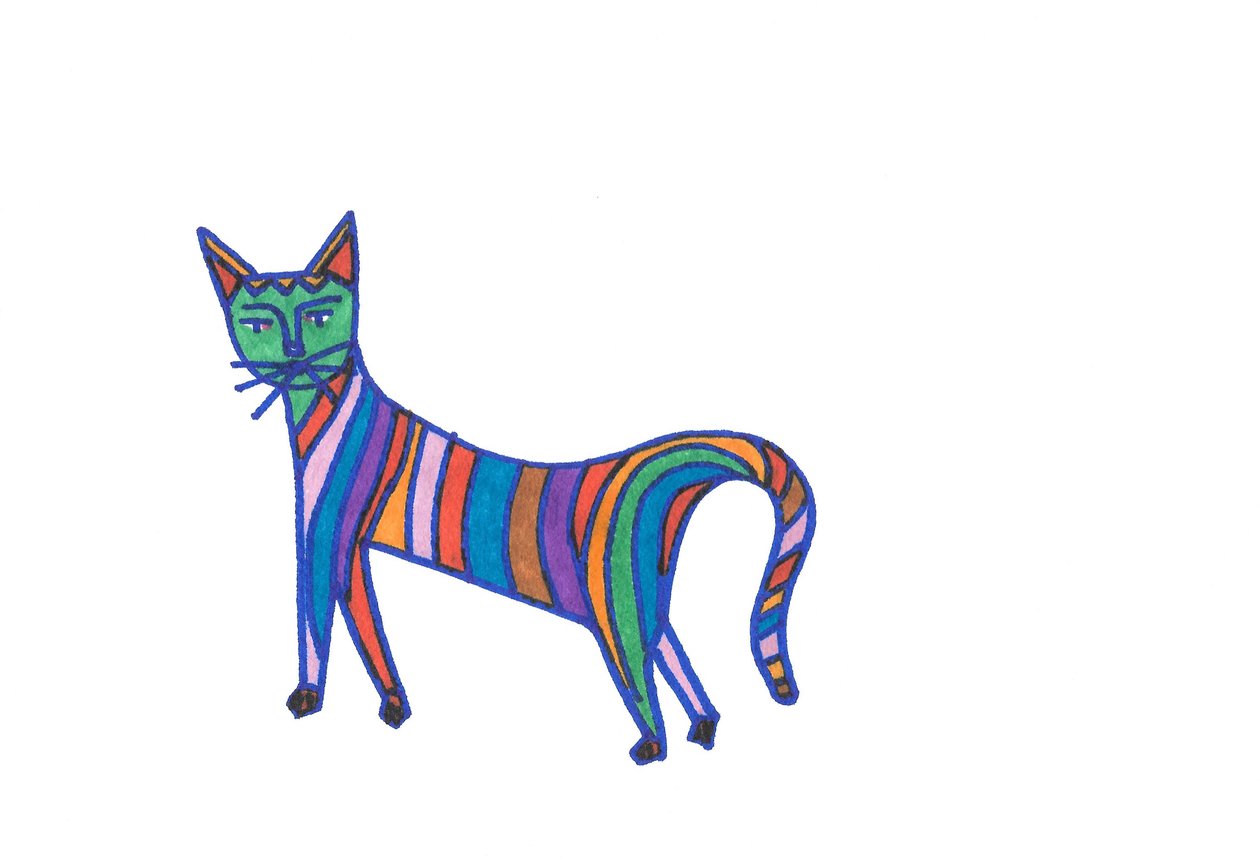 Chat arc-en-ciel (feutre sur papier) - Daisy de Villeneuve