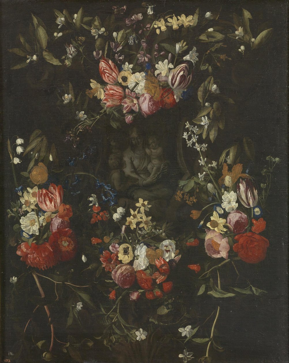 Guirlande de fleurs autour de la Vierge, l