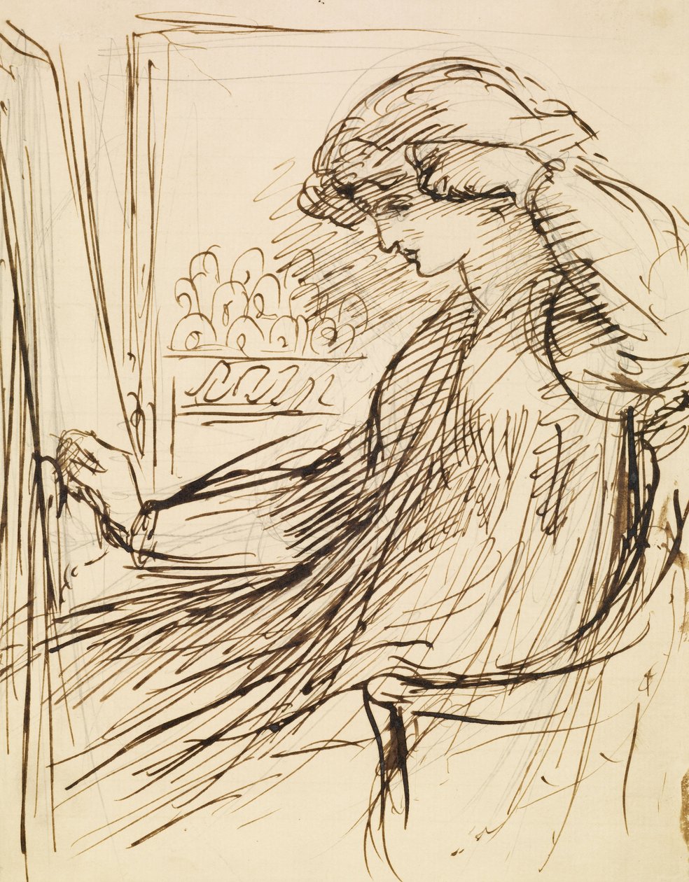 Femme assise à un cadre de broderie ou chevalet - Dante Gabriel Charles Rossetti