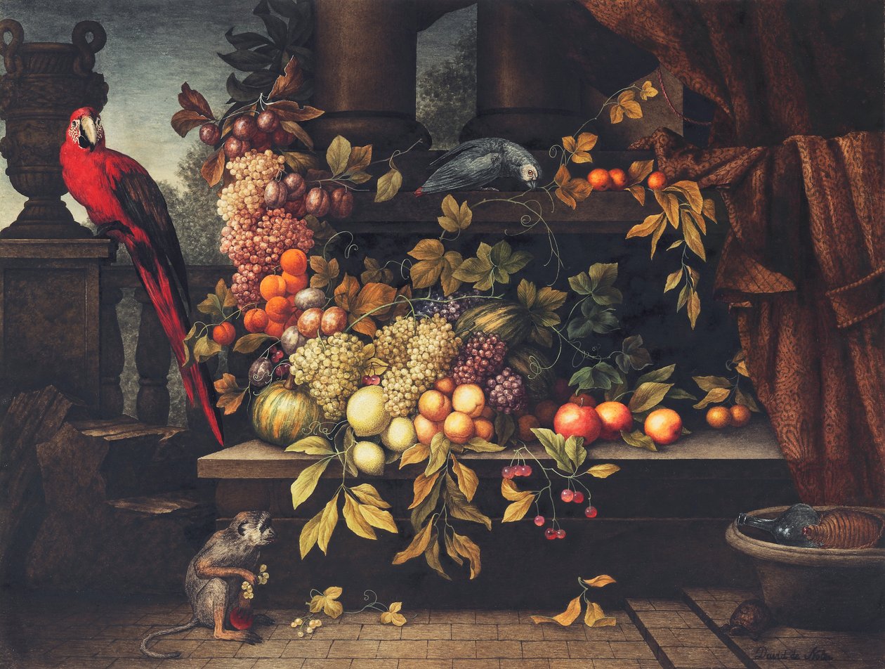 Nature morte avec fruits, rafraîchisseur à vin, singe, perroquets et tortue dans un portique - David Emil Joseph de Noter