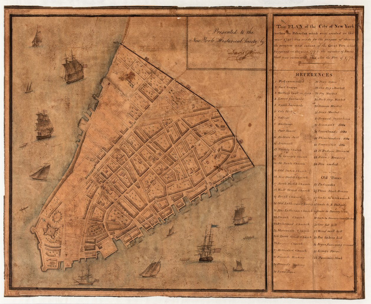 Plan de la ville de New York (dans les palissades, érigées en 1745) montrant l