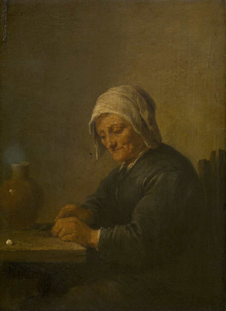 Vieille femme coupant du tabac - David Teniers the Younger