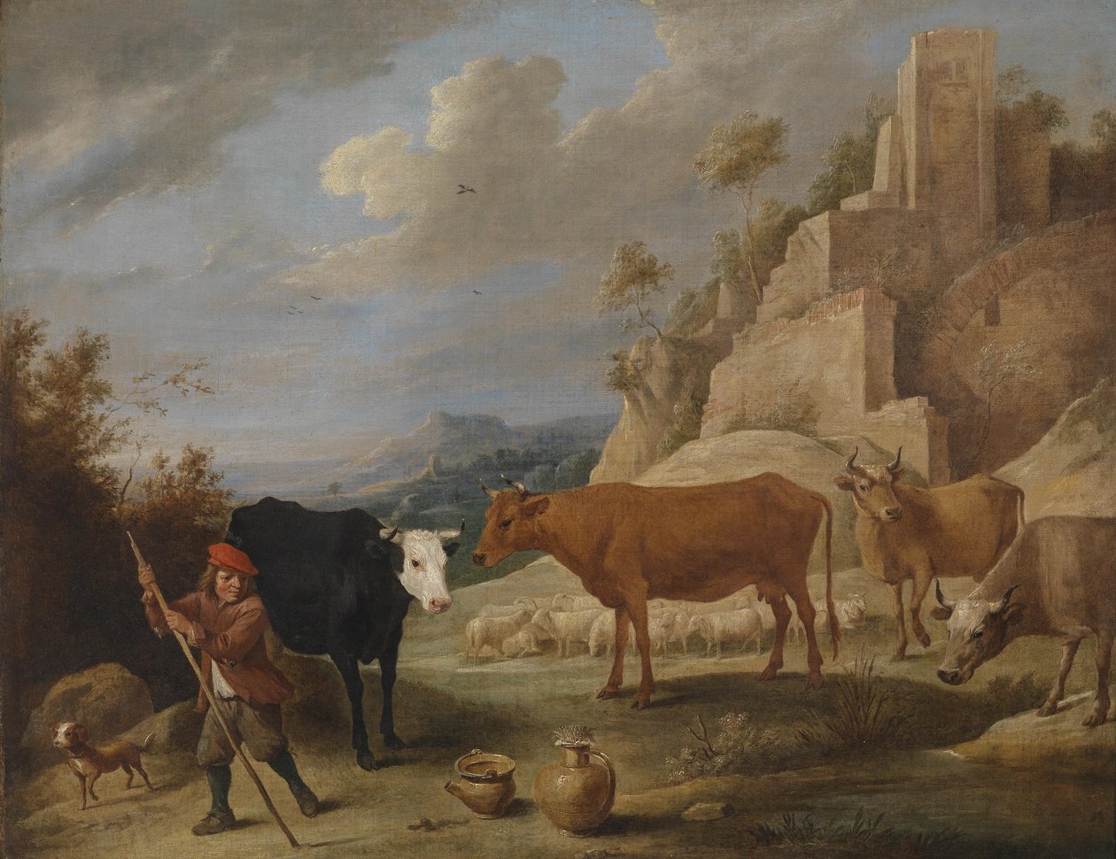 Un berger avec son troupeau dans un paysage avec des ruines - David Teniers the Younger