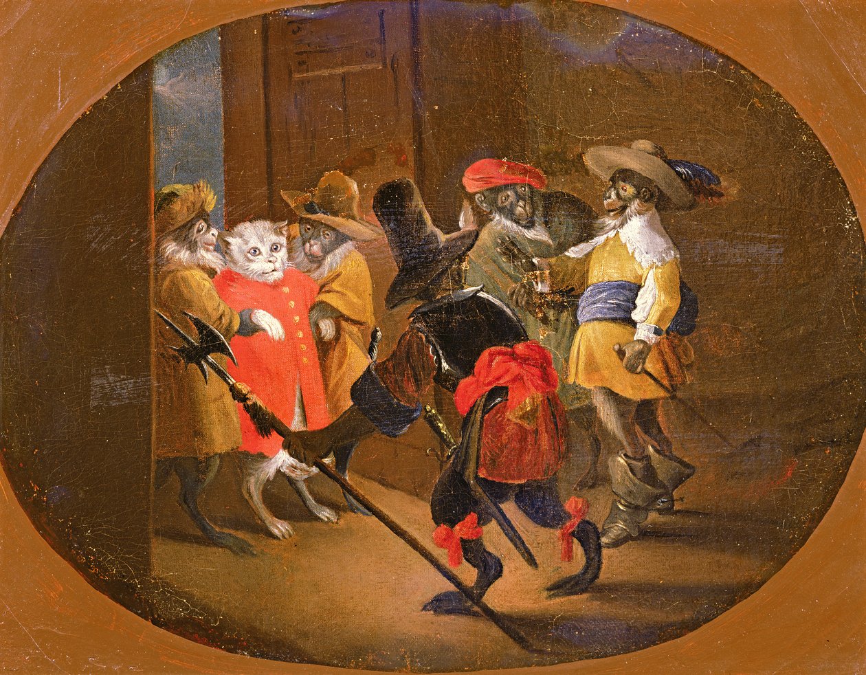 Singes déguisés en soldats, les amenant à un officier chat - David Teniers the Younger