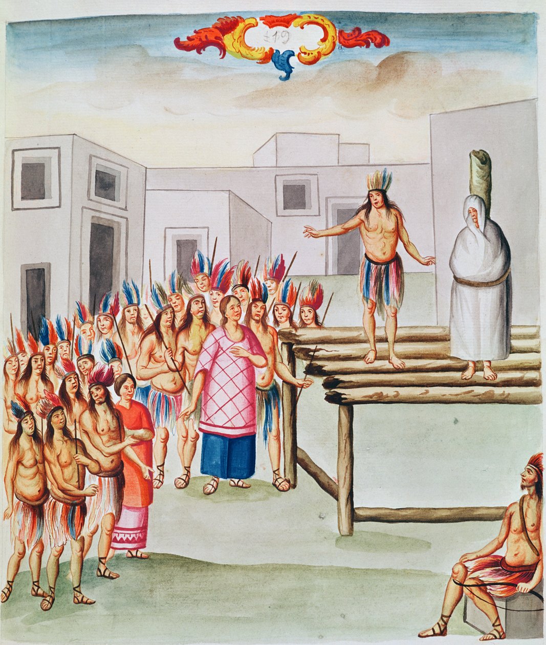 Tome 4 fol.19, Vue de la Plaza de Thalco avec un Indien attaché à un poteau, de 