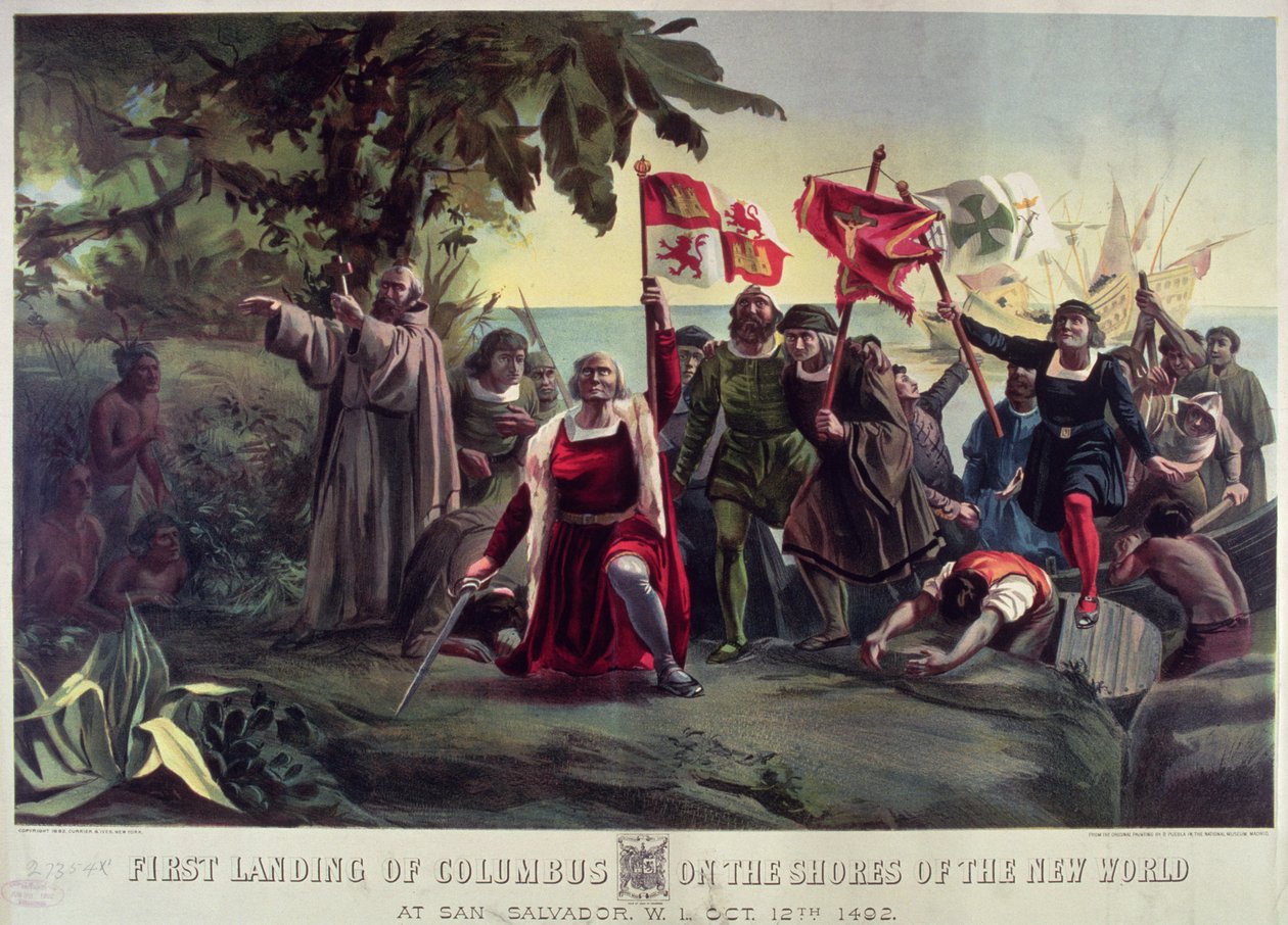 Le Premier Débarquement de Colomb sur les rives du Nouveau Monde à San Salvador, 12 octobre 1492, pub. par Currier et Ives - Dioscoro Teofilo Puebla Tolin