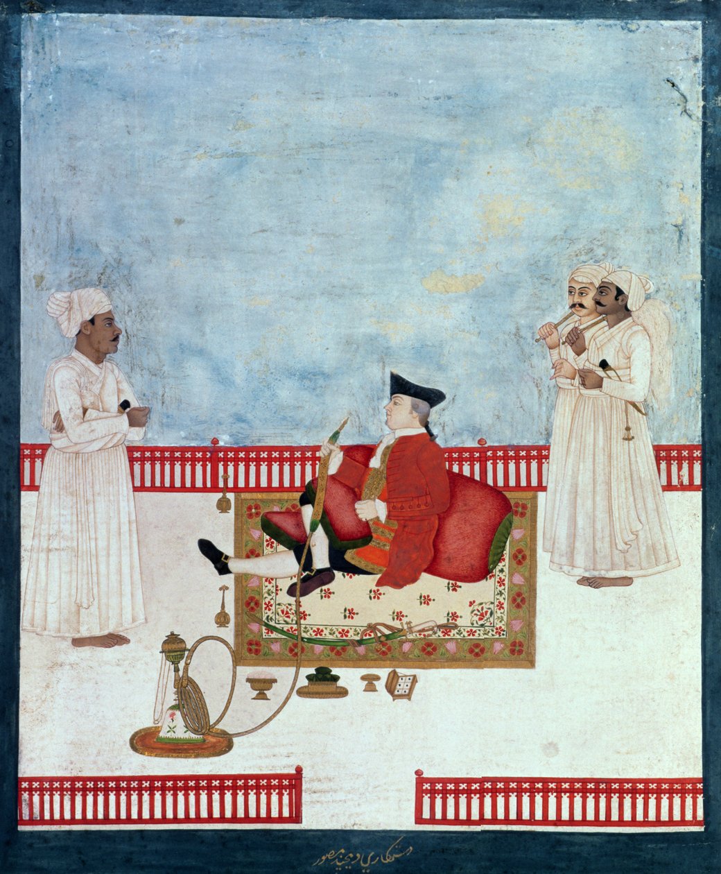 Un Européen assis sur une terrasse avec des serviteurs, vers 1760-63 - Dip Chand
