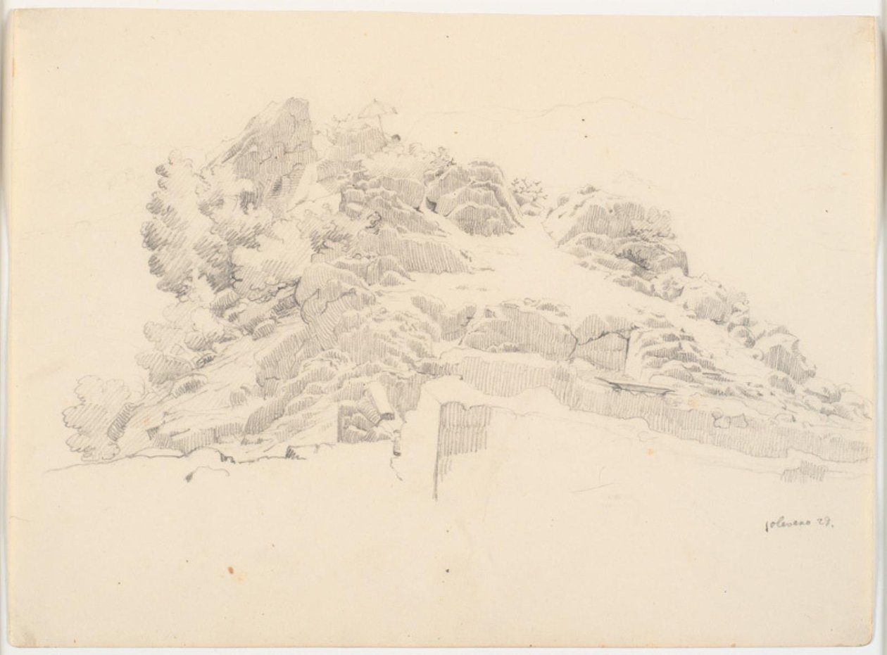 Paysage rocheux avec un peintre sous un parasol - Ditlev Blunck