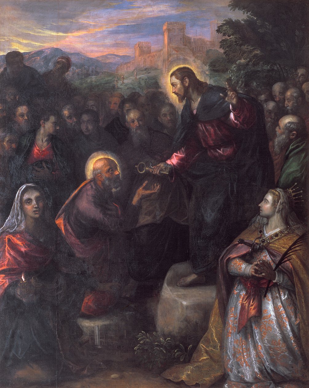 Le Christ remettant les clés à Saint Pierre avec Sainte Jacinthe et Sainte Justine de Padoue - Domenico Robusti Tintoretto