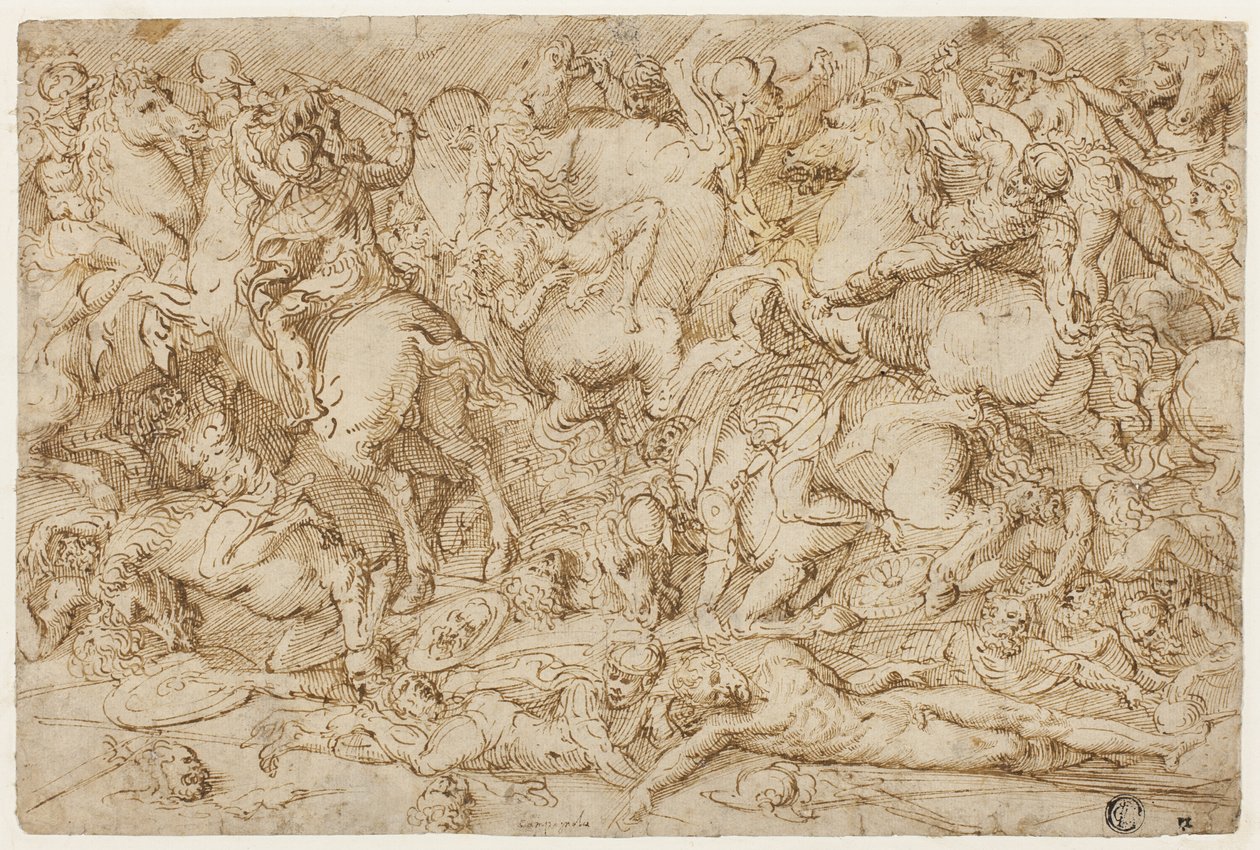 Scène de bataille avec des chevaux et des hommes - Domenico Campagnola