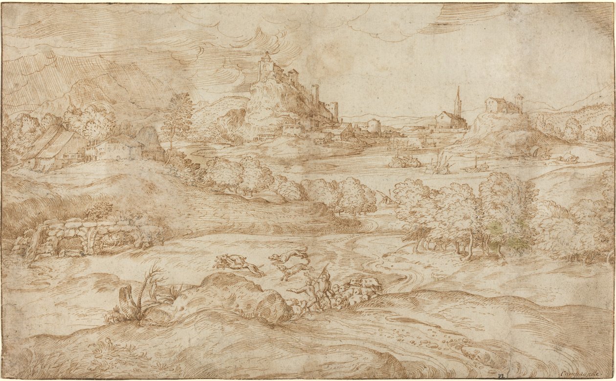 Paysage avec Bergers Chassant un Loup - Domenico Campagnola