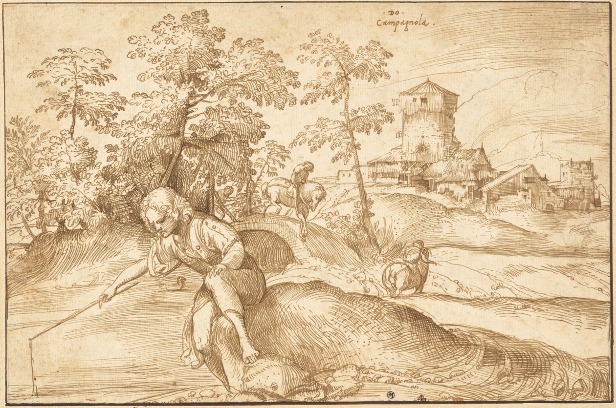 Paysage avec un Garçon Pêchant - Domenico Campagnola