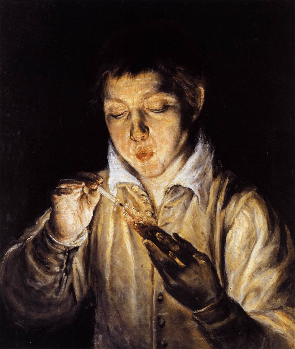 Un garçon soufflant sur une braise pour allumer une bougie - El Greco