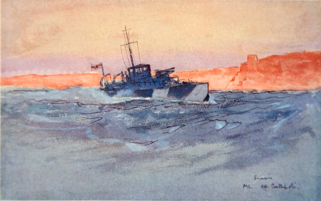 Lever de soleil : vedette au large de Gallipoli, Italie, illustration de 