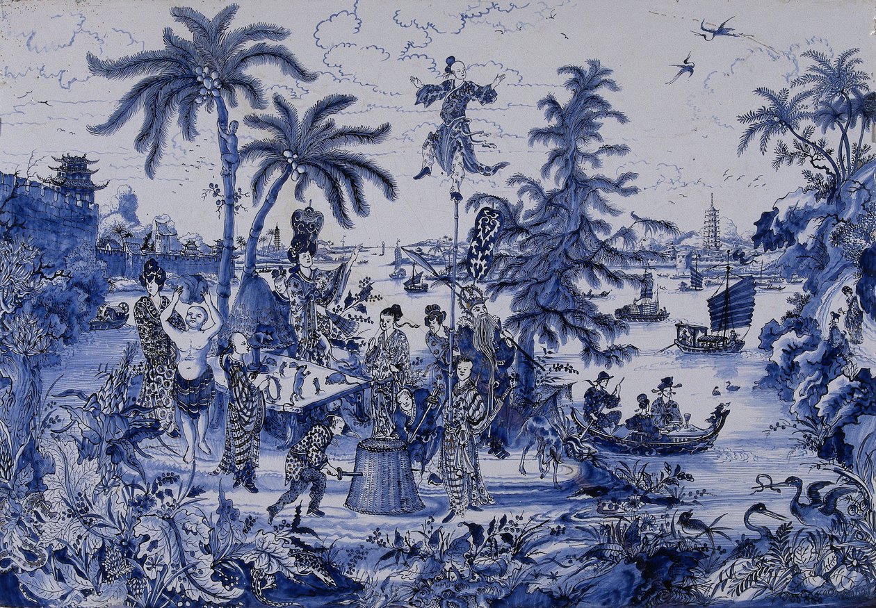 Plaque avec un paysage de chinoiserie et des détails dorés, vers 1680 (faïence) - Dutch School