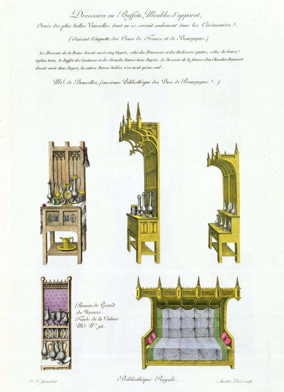 Mobilier français et bourguignon du XVe siècle, tiré de Monuments Français, lithographie par Amédée Pérée, 1839 - E.F. Imbard