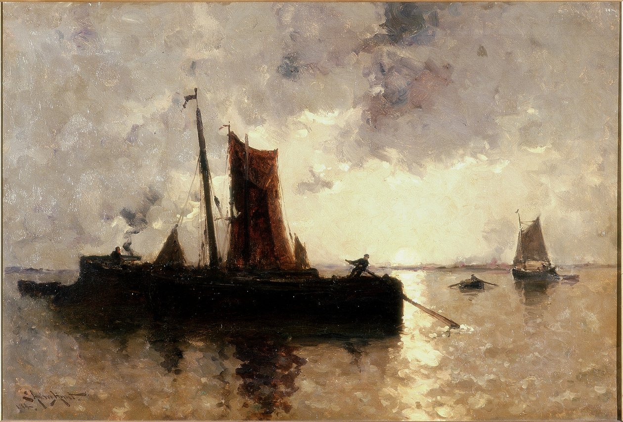 Scène de rivière avec des navires - E. Aubrey Hunt