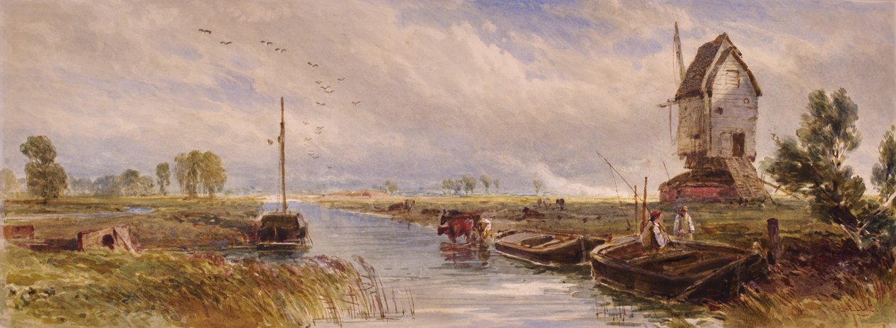 Paysage avec moulin à vent - E Ellis