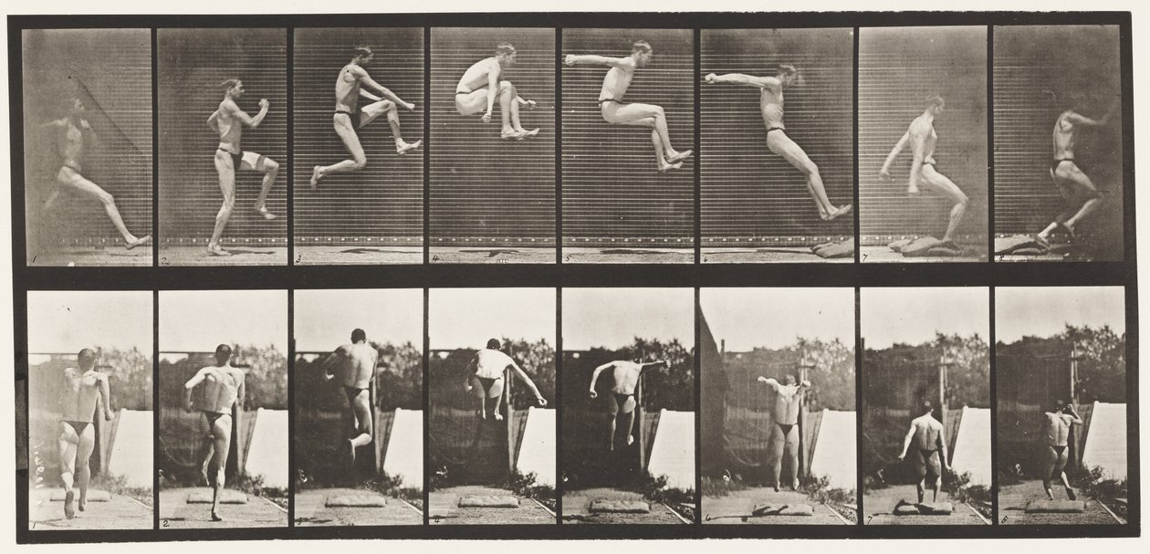 Saut; saut en longueur en course (chaussures) - Eadweard Muybridge