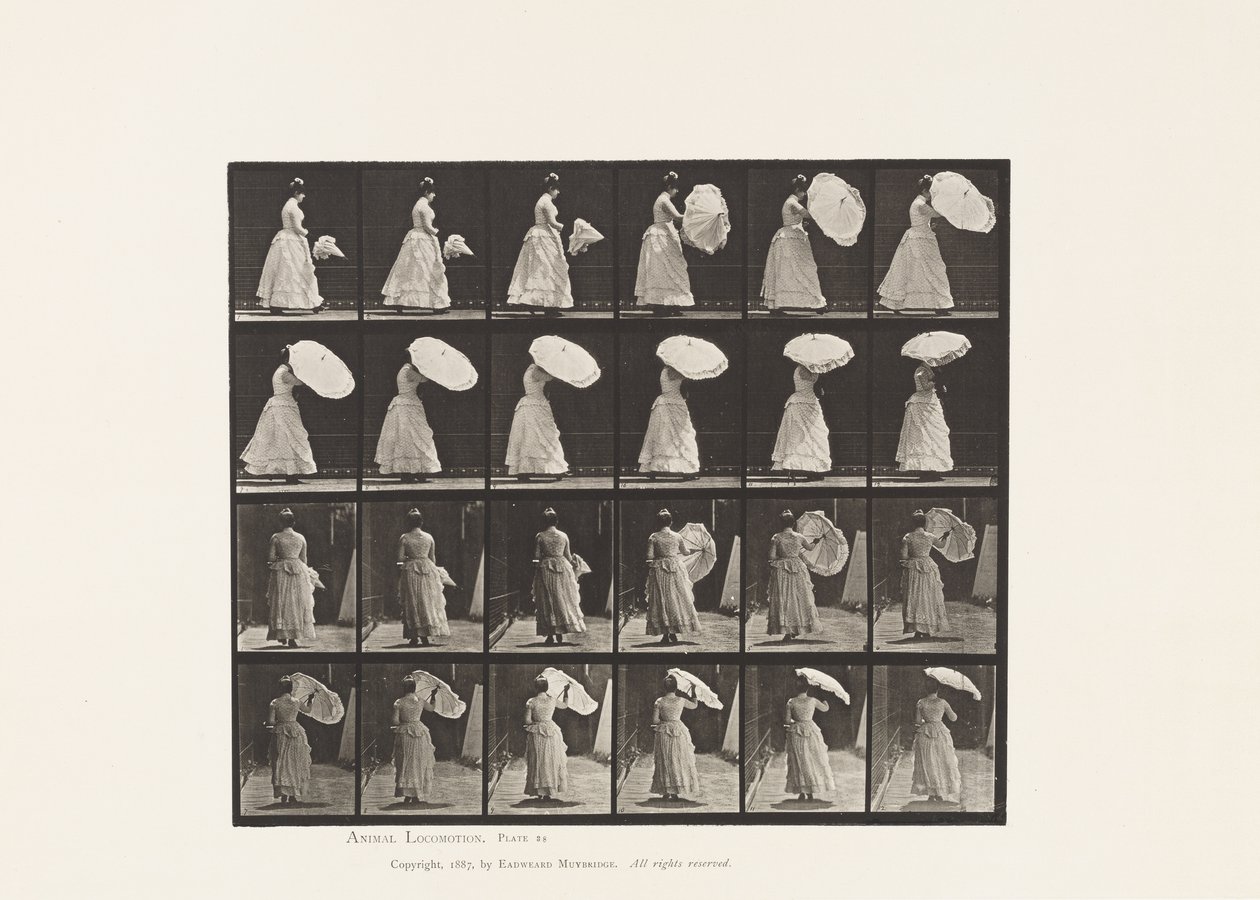 Planche 38. Marche, ouvrant un parasol - Eadweard Muybridge