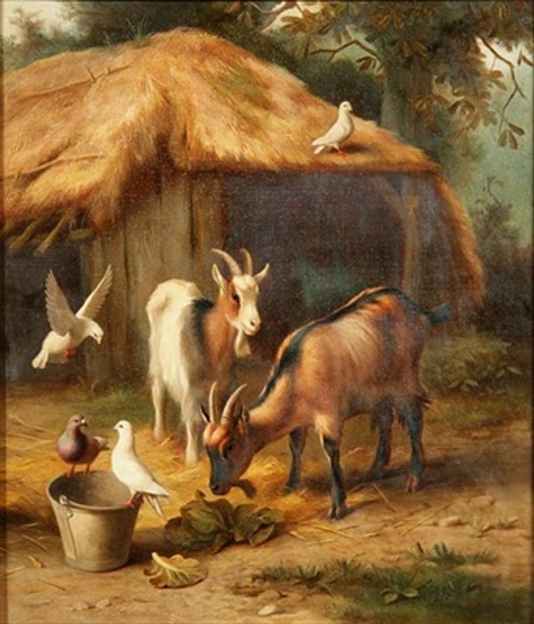 Chèvres et colombes dans une cour de ferme - Edgar Hunt