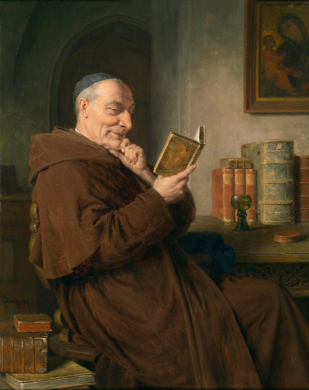 Moine lisant avec un verre de vin - Eduard von Grutzner