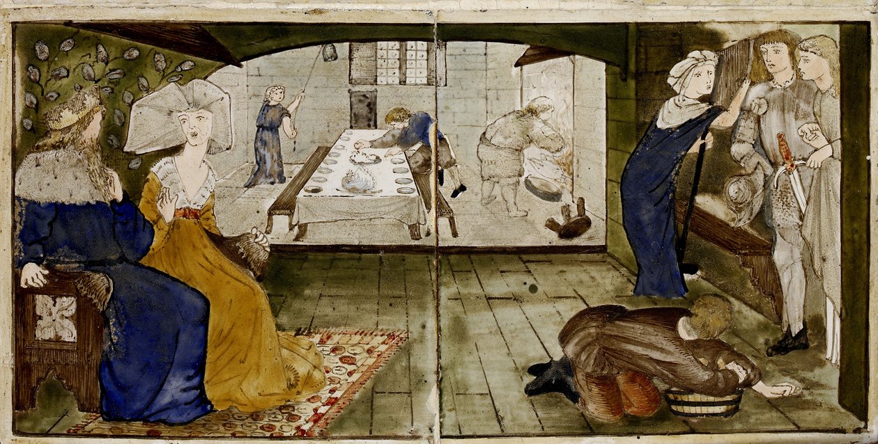 Un ensemble de seize carreaux disposés par paires pour former huit illustrations du conte 
