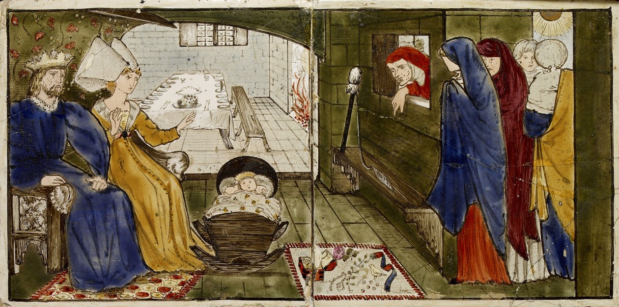 Un ensemble de seize carreaux disposés par paires pour former huit illustrations du conte 