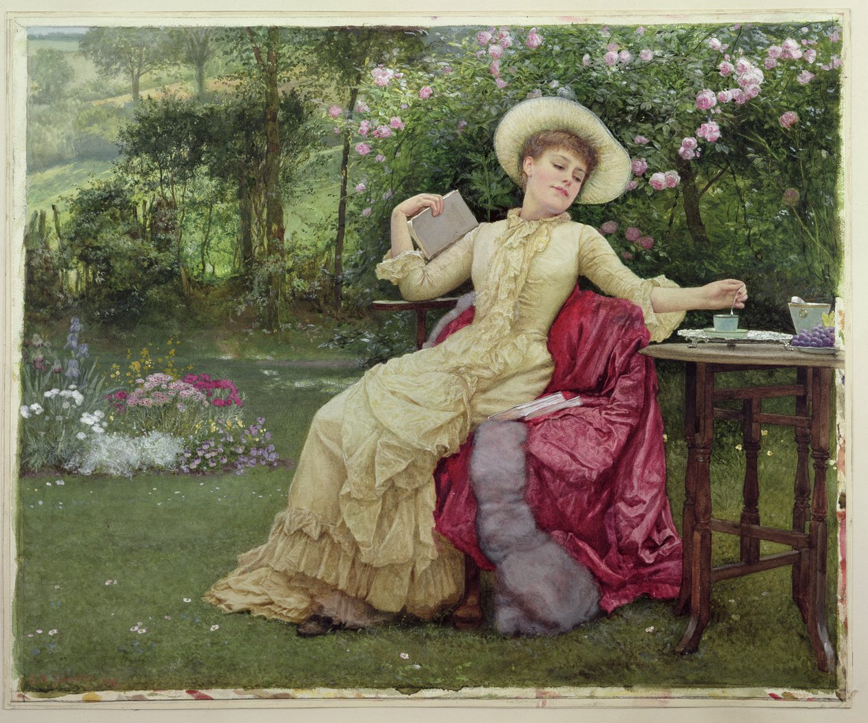 Boire du café et lire dans le jardin - Edward Killingworth Johnson