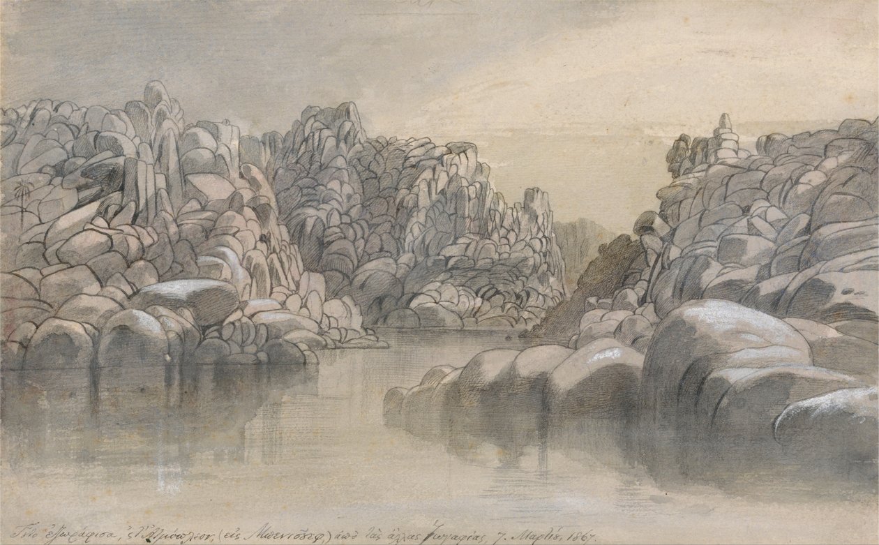 Passage de rivière entre des falaises rocheuses semi-arides - Edward Lear