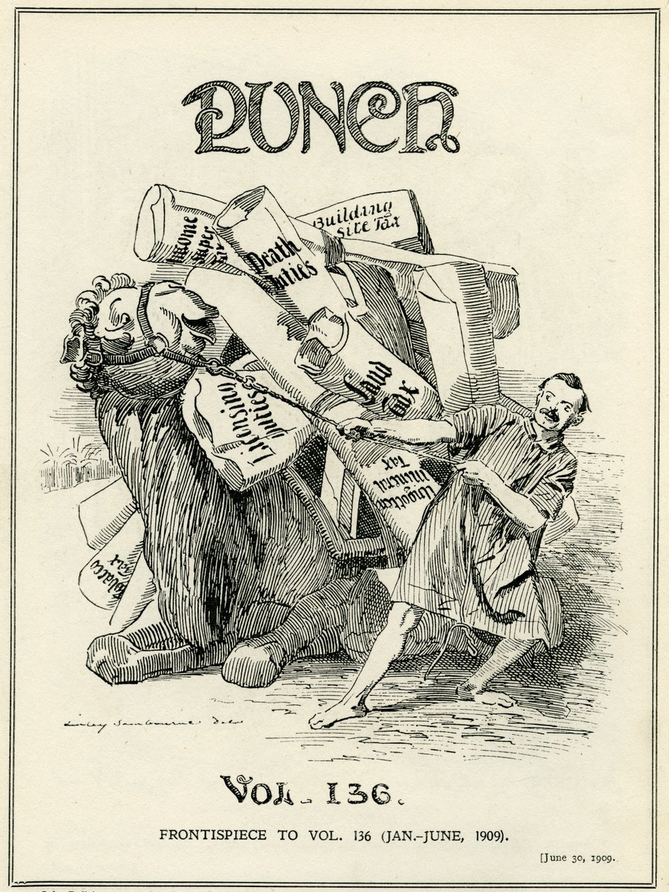 John Bull, représenté comme un chameau, est réticent à porter les nouveaux fardeaux fiscaux imposés par Lloyd George dans 