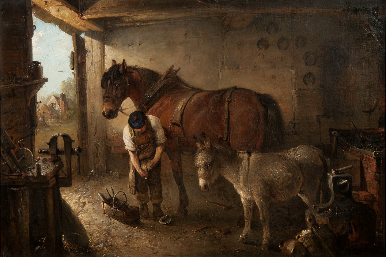 Un maréchal-ferrant ferrant un cheval de labour, avec un âne, dans une forge - Edward Robert Smythe