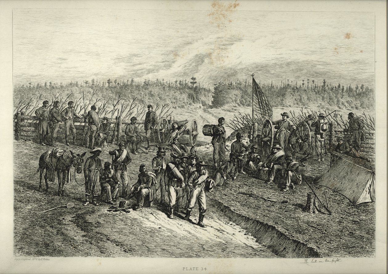 Impression de soldats attendant sur les lignes de front derrière une barricade. Trois soldats et un homme afro-américain avec une mule sont debout et assis autour d
