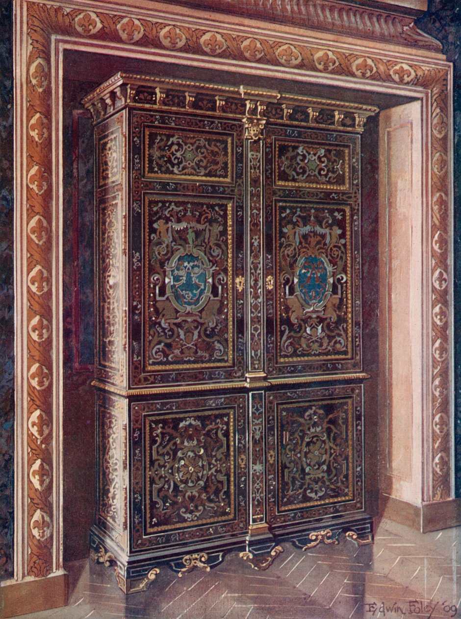 Armoire en ébène avec incrustations de laiton gravé et métal blanc. Montures en bronze doré. Le monogramme royal de L