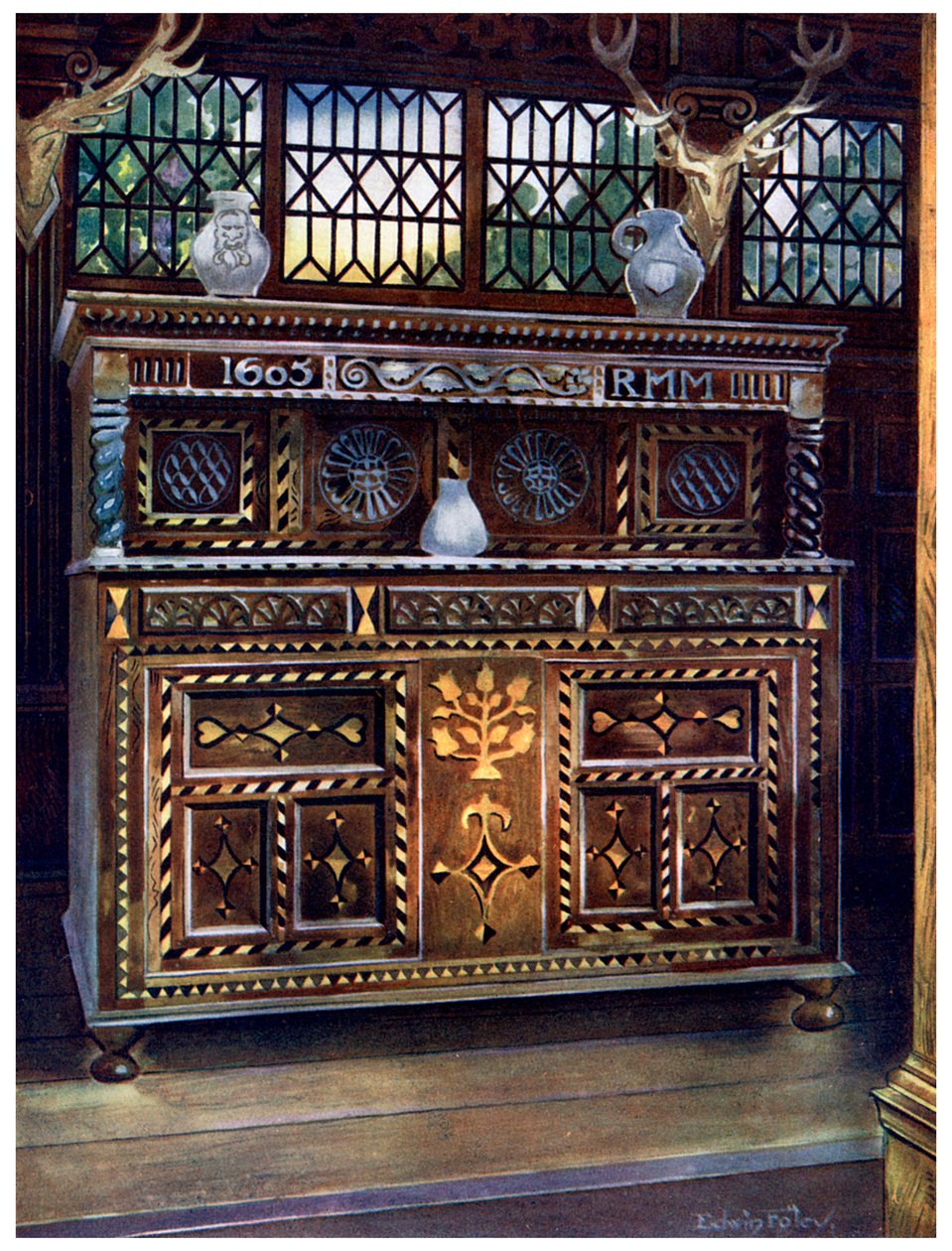 Buffet de cour en chêne sculpté et incrusté, 1910 - Edwin Foley