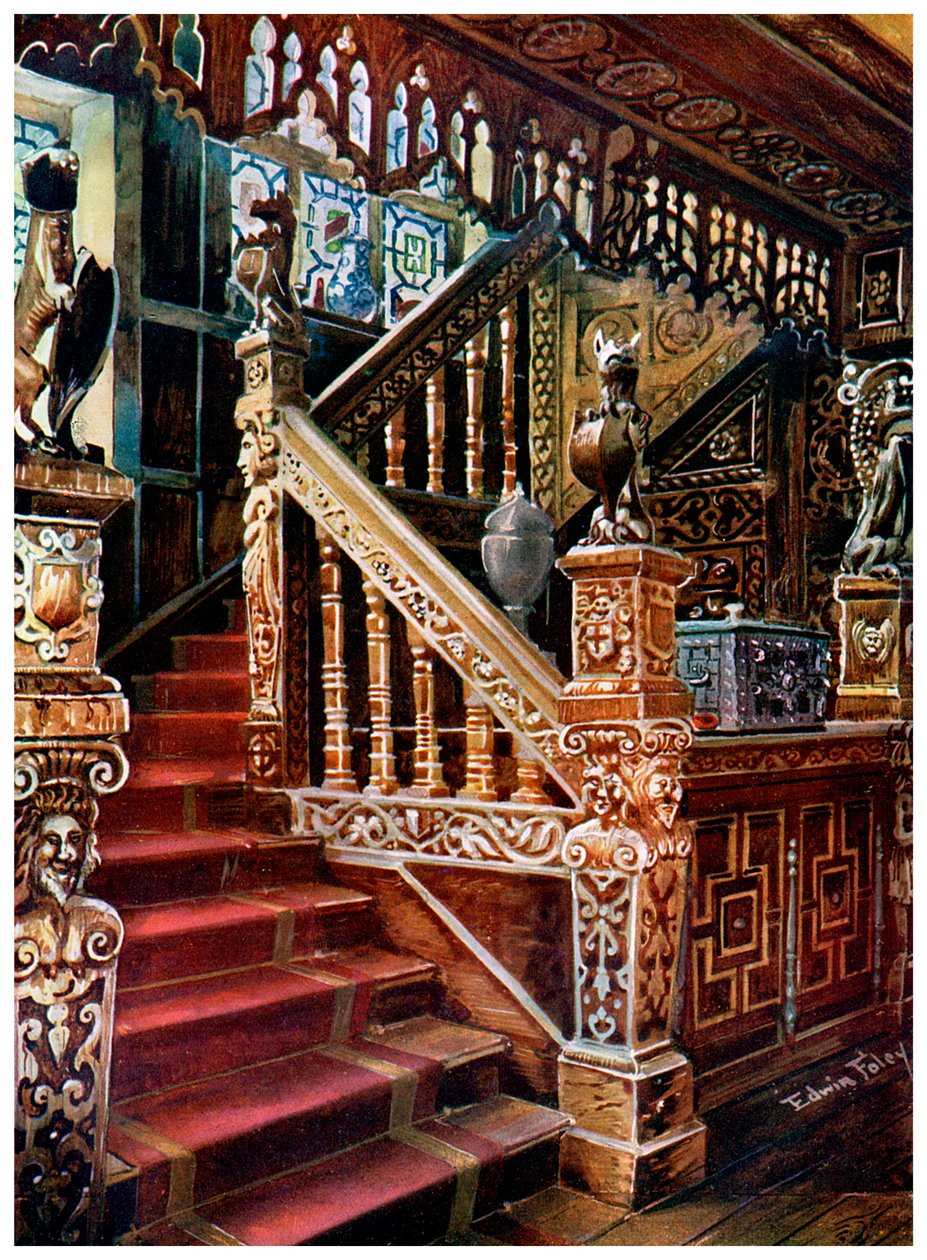 Escalier en chêne sculpté, Godinton - Edwin Foley