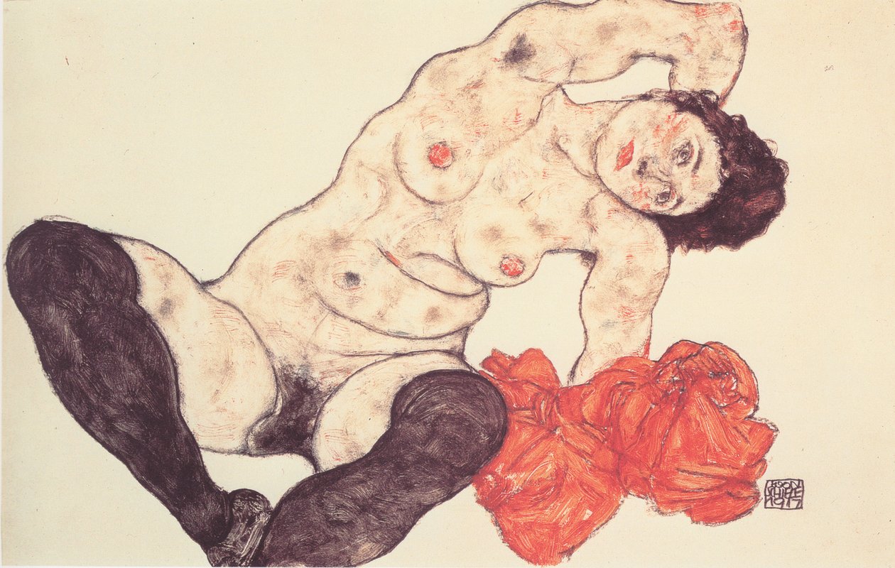Nu féminin avec serviette jaune - Egon Schiele