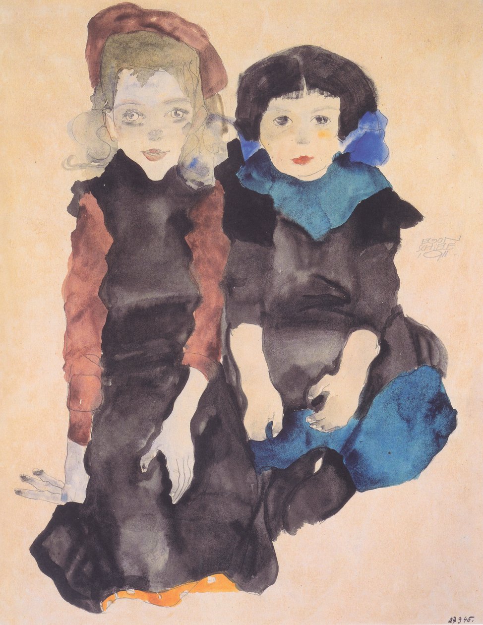 Deux filles accroupies - Egon Schiele