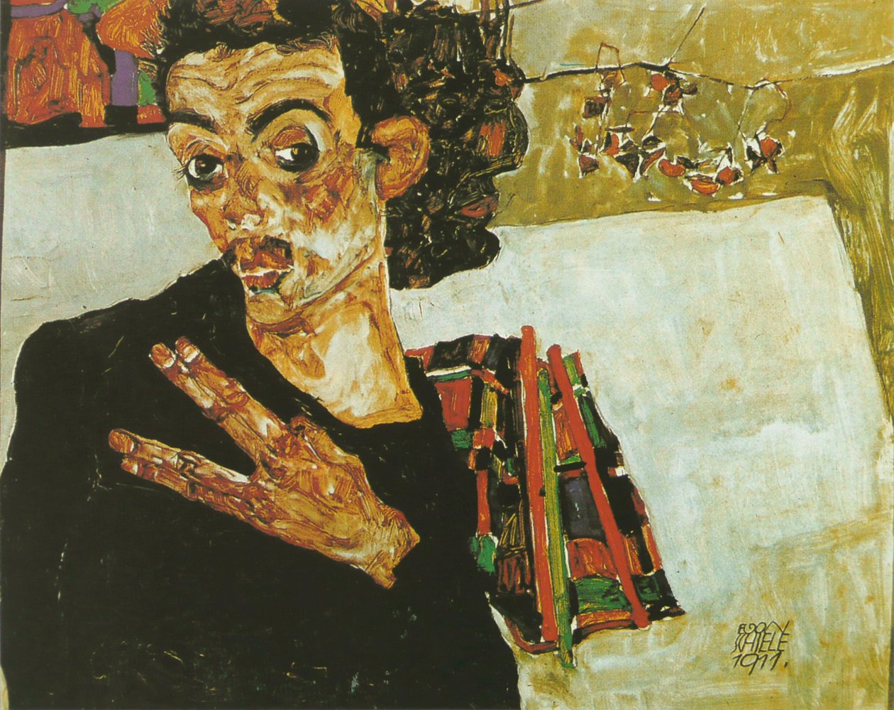Autoportrait avec récipient noir - Egon Schiele