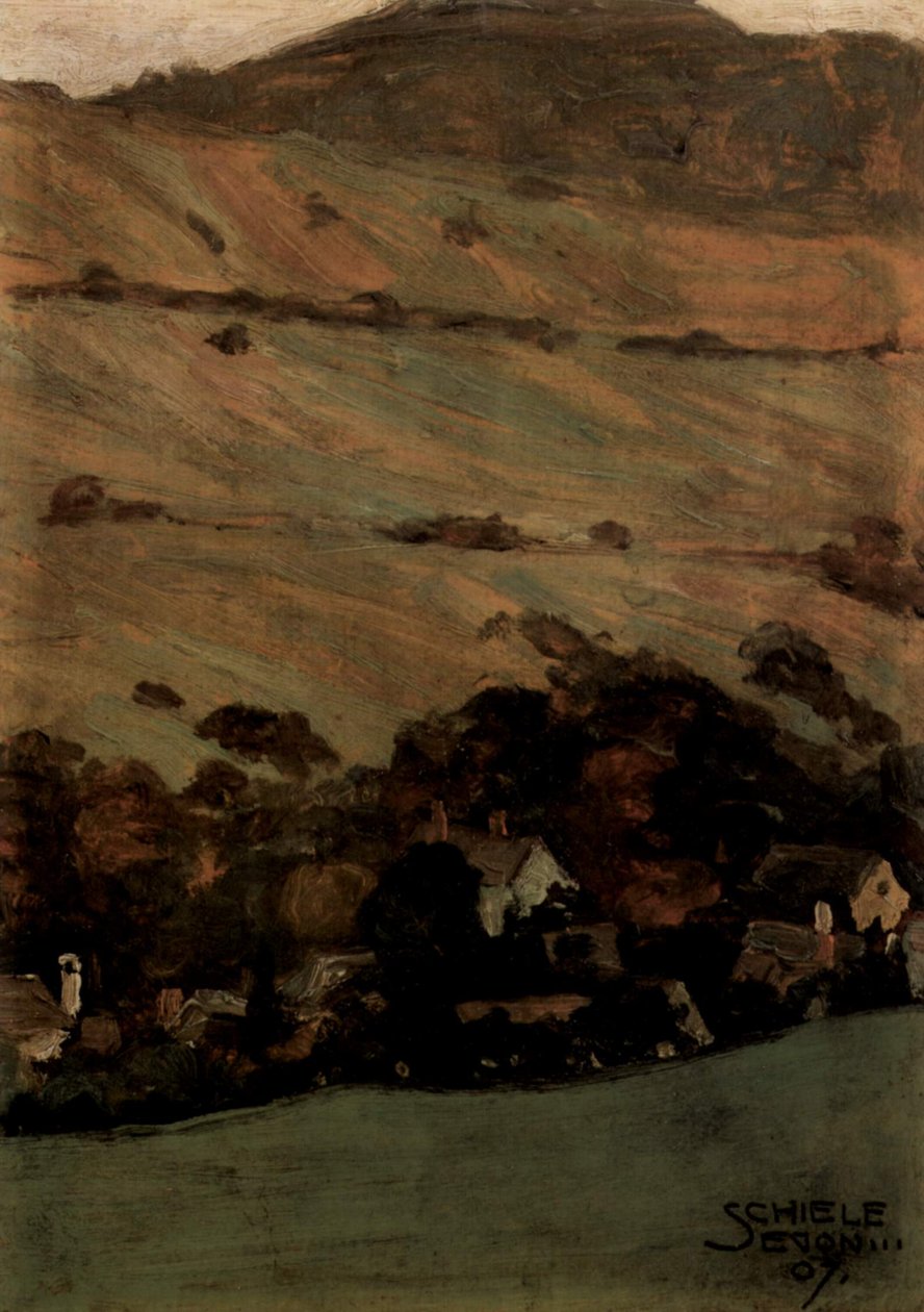 Maisons devant une colline - Egon Schiele