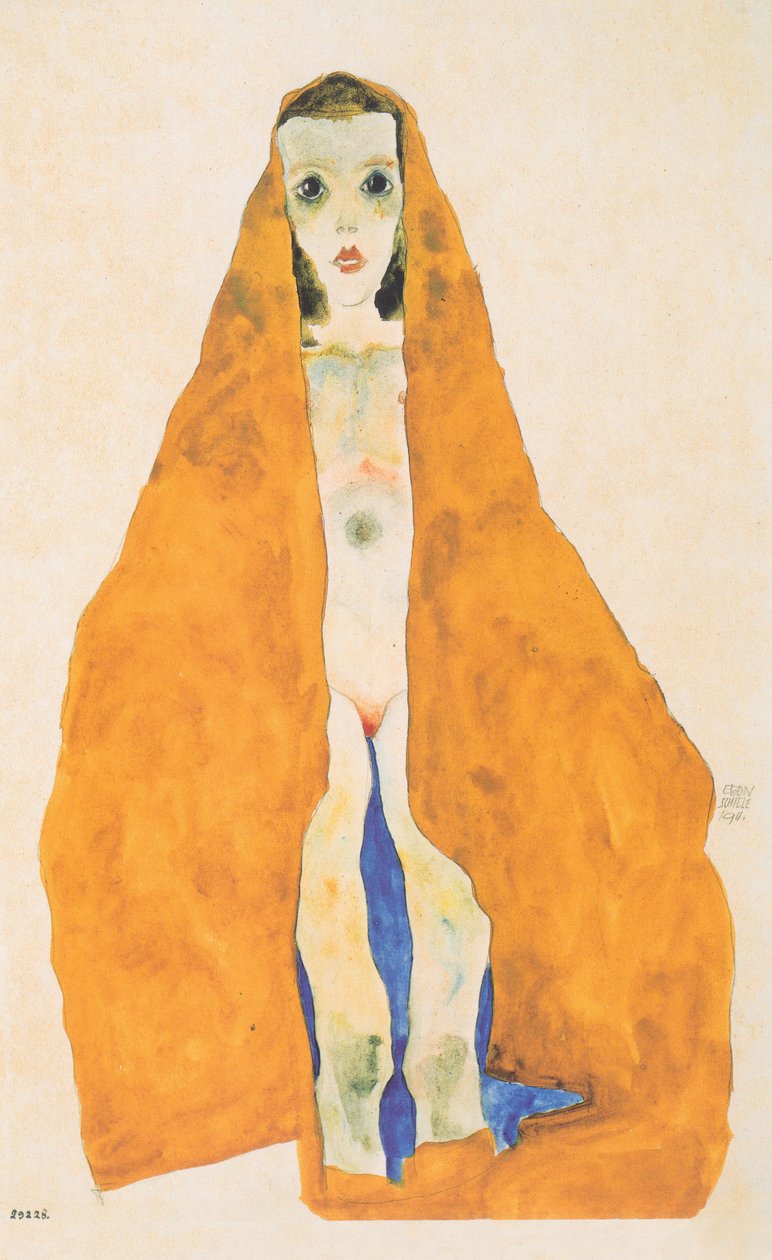 Jeune fille nue dans un tissu ocre - Egon Schiele