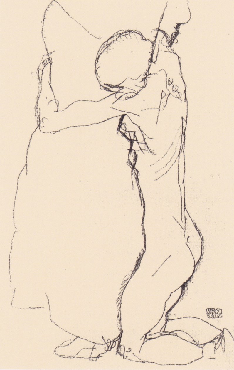 Femme agenouillée, enlaçant une femme debout - Egon Schiele