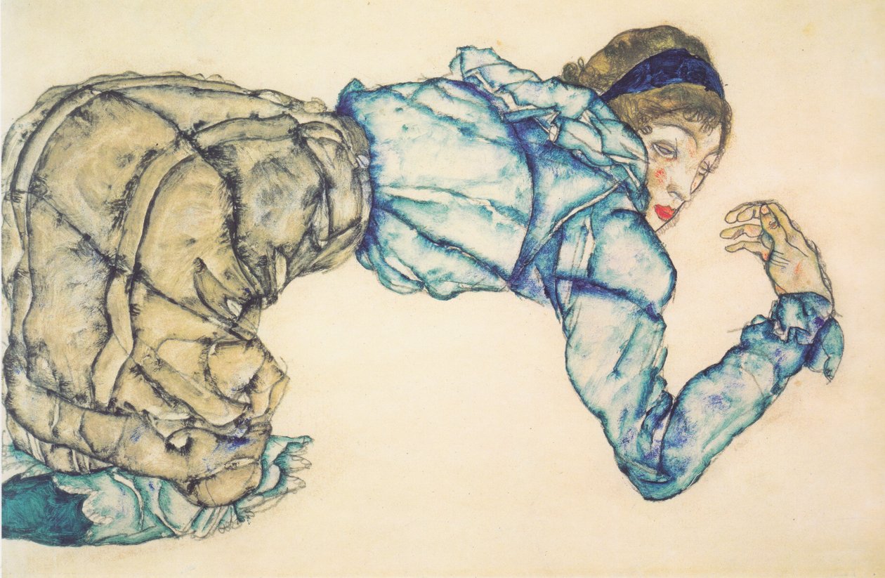 Femme agenouillée en blouse bleue - Egon Schiele