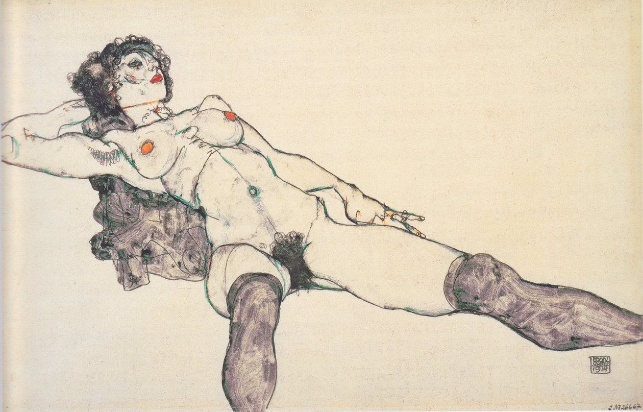 Nu féminin couché avec jambes écartées - Egon Schiele