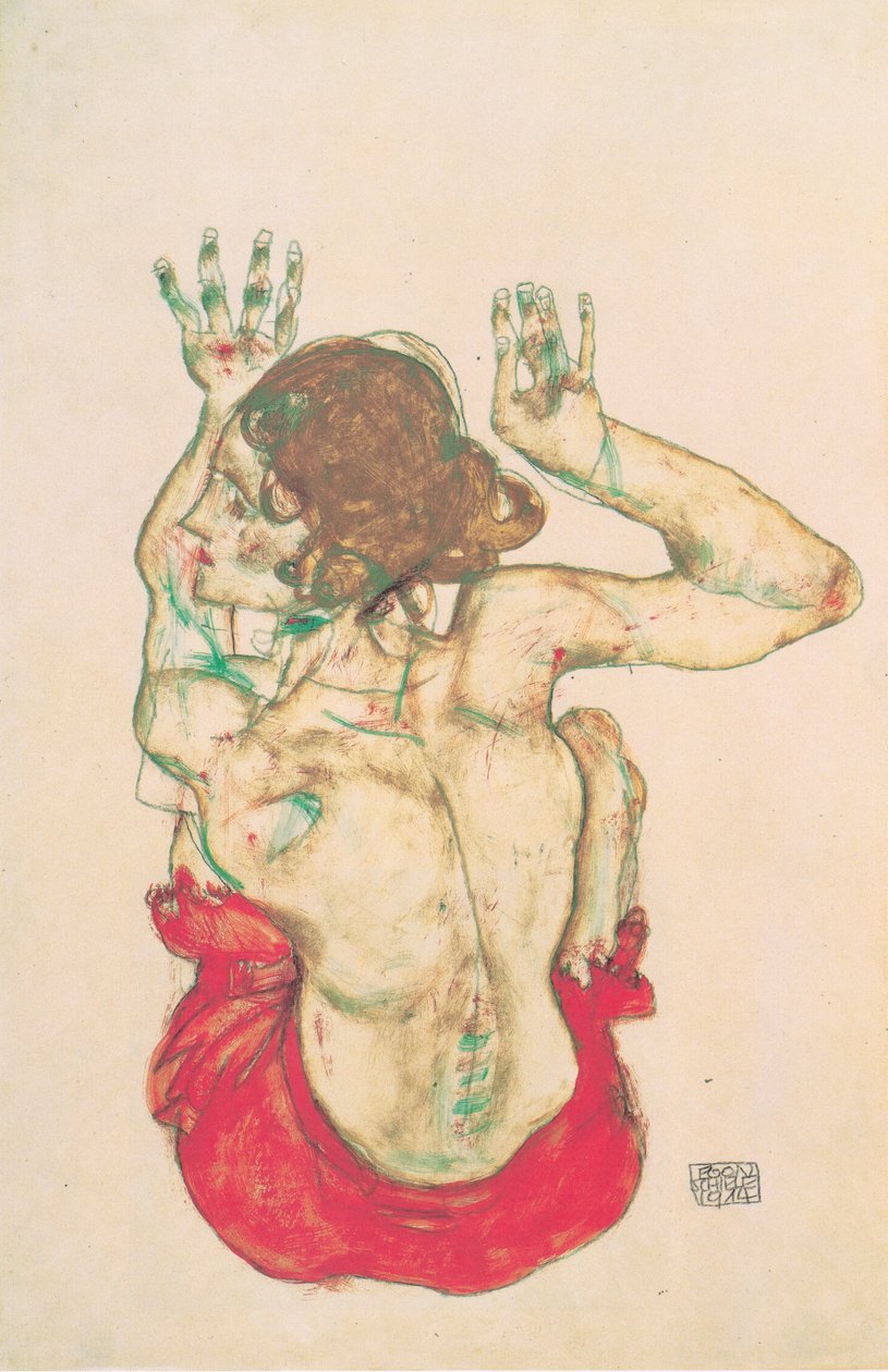 Nu féminin de dos assis avec jupe rouge - Egon Schiele